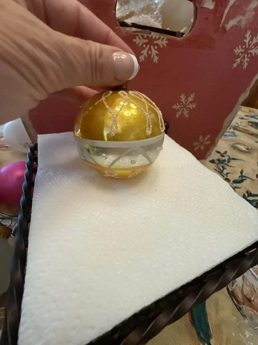 Vtg West Germany Mercury Glass Ornament Yellow Gold Glitter Swirl